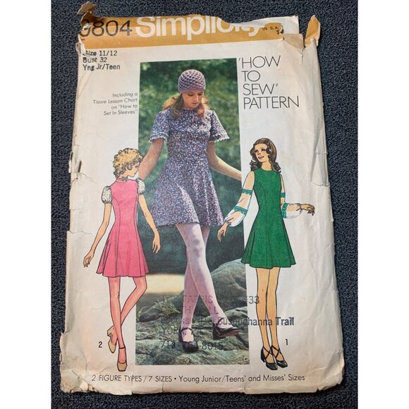 Simplicity 9804 Vintage Sewing Pattern Yng Jr/Teen 11/12 Dress Mini-Dress 1970s - Picture 1 of 2